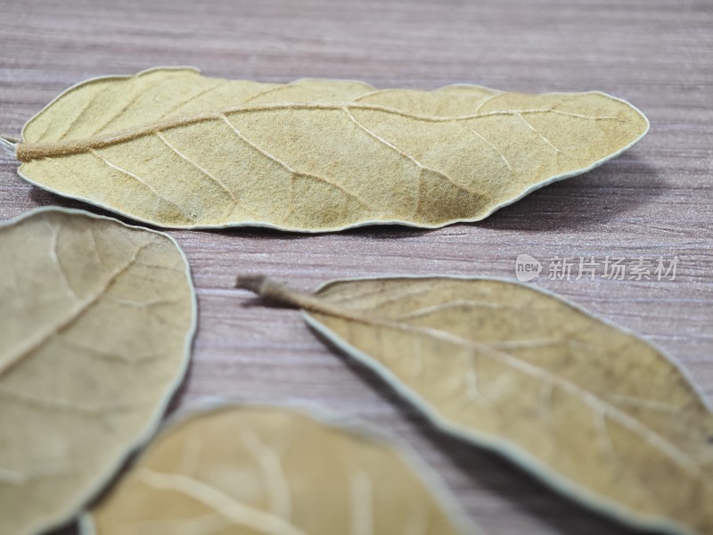 木质桌面上的干枯树叶