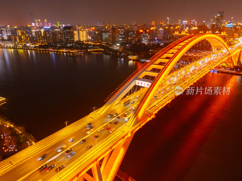 航拍上海卢浦大桥和黄浦江夜景