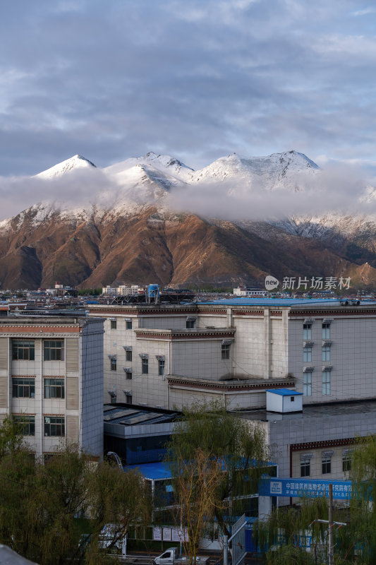 西藏拉萨雪山下的城市建筑高原城市冬日雪景