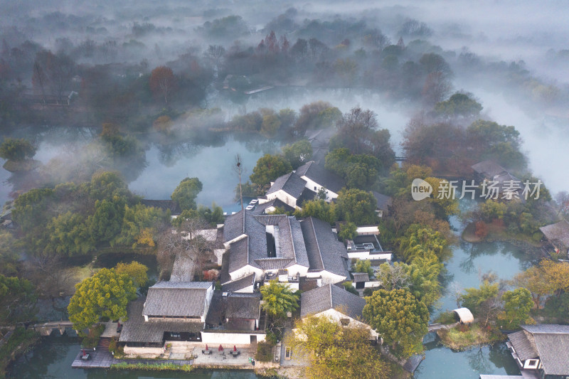 杭州西溪湿地公园秋天云雾航拍