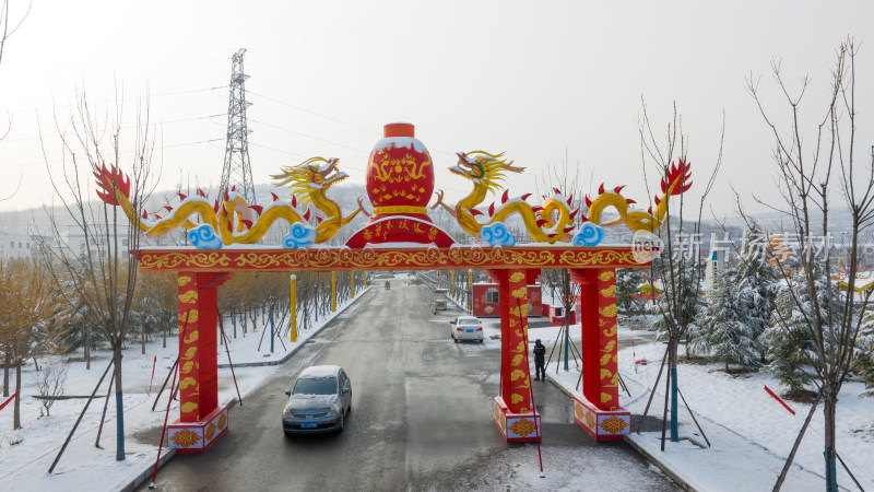 新年雪后农村灯会航拍