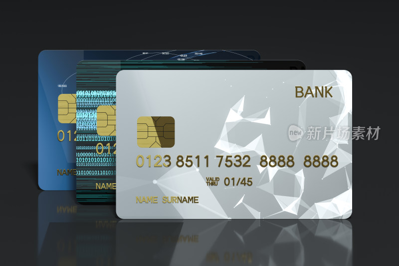堆叠的三张银行卡 3D渲染