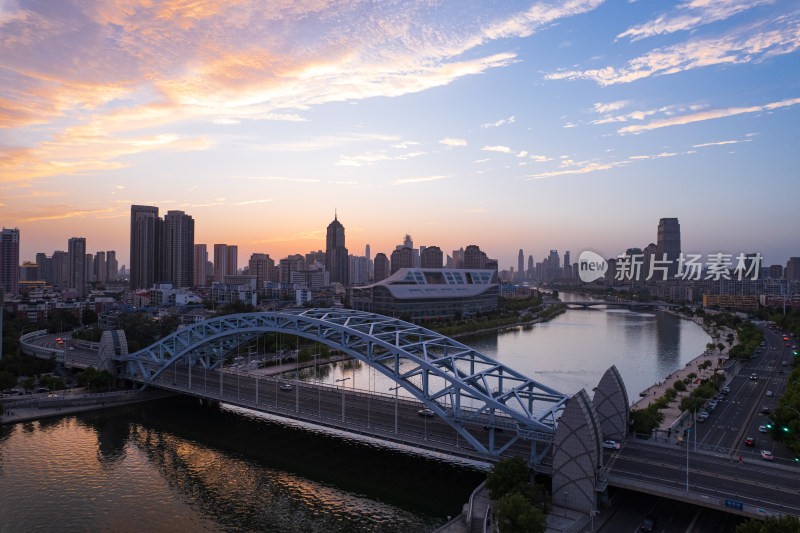 天津海河风景线国泰桥城市建筑日落夜景航拍