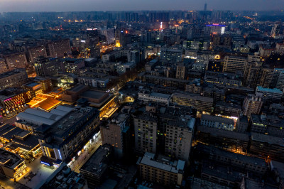 西安晚霞夜幕降临夜景灯光航拍摄影图