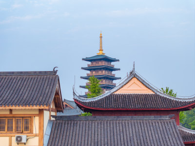 航拍上海宝山寺佛教寺院自然风光