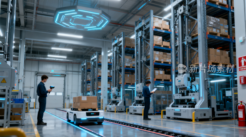 仓库工人操作机器人运输货物
