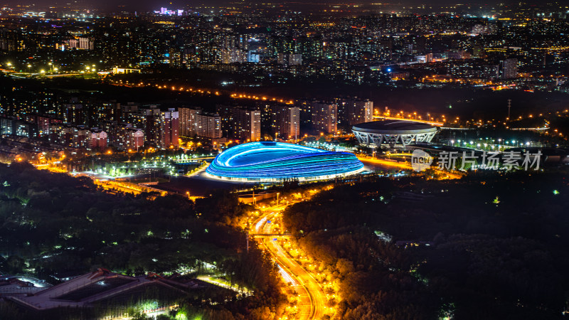 城市夜景北京国家速滑馆冰丝带