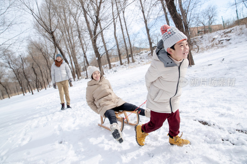 在雪地上玩雪橇的一家人