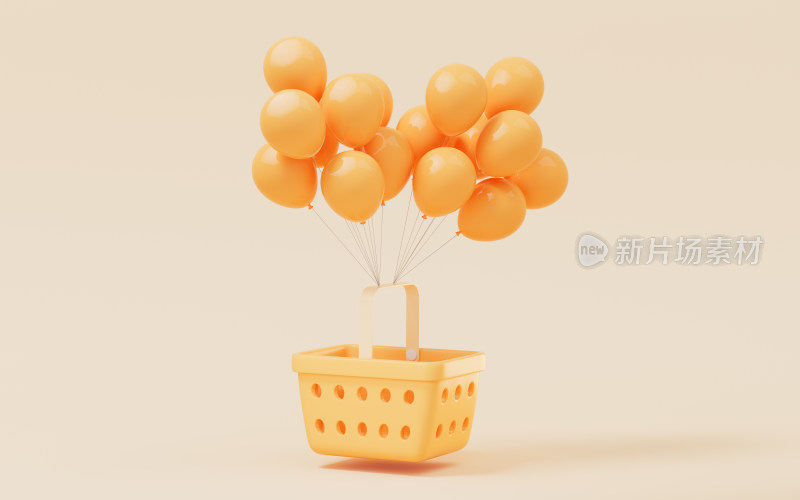 购物篮和气球3D渲染