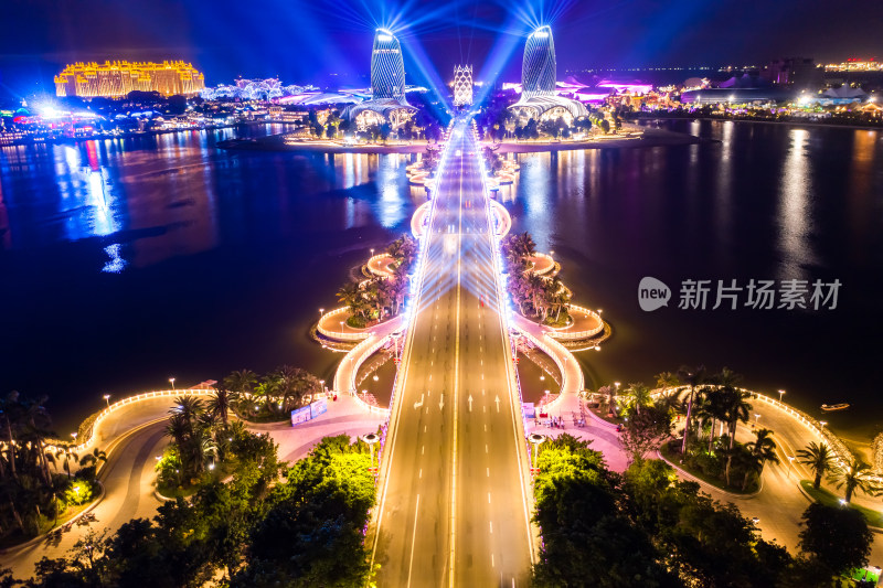 海南海花岛跨海大桥夜景航拍