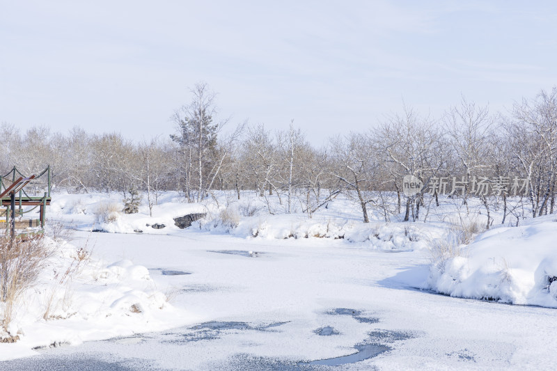 积雪覆盖的野外小溪边的冬季五大连池风景区