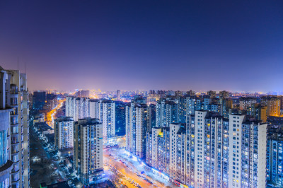 北京城市建筑街道车流高视角夜景全景