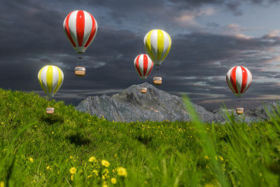 草原上飞行的热气球 三维渲染