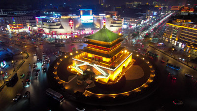 西安钟楼地标夜景航拍图