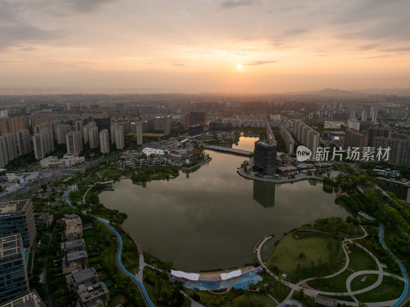 浙江宁波镇海庄市同心湖航拍景色