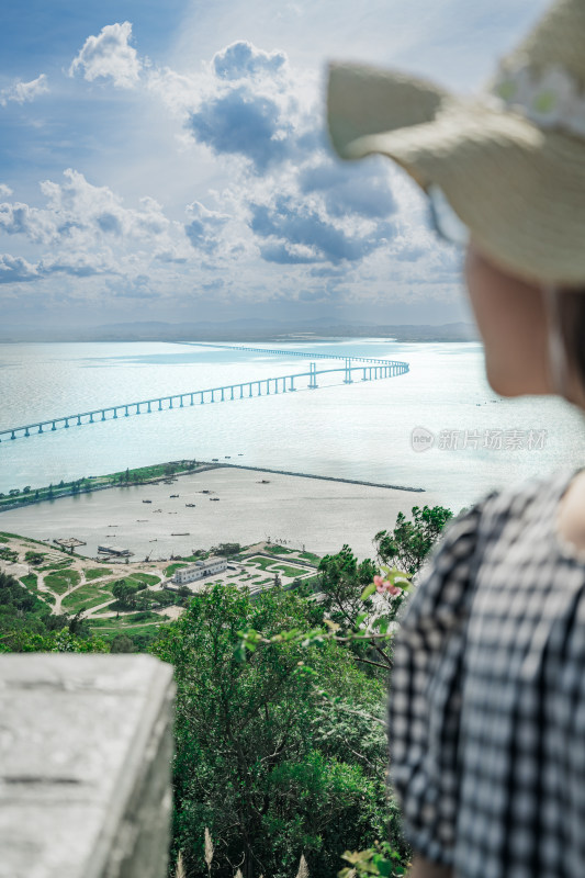 女子眺望跨海大桥风景