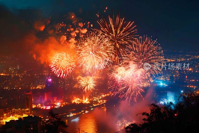 新年城市夜景天空烟花