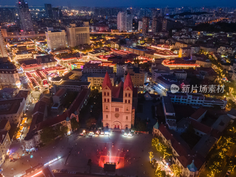 青岛大鲍岛历史文化街区城市夜景航拍全景