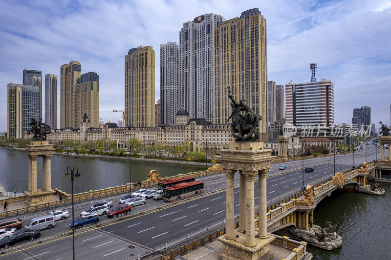 天津海河风景大光明桥城市建筑风光航拍