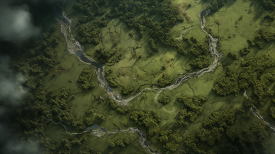 俯瞰一片被河流交织的绿色森林