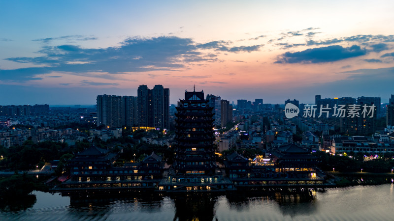 眉山远景楼晚霞夜景航拍图