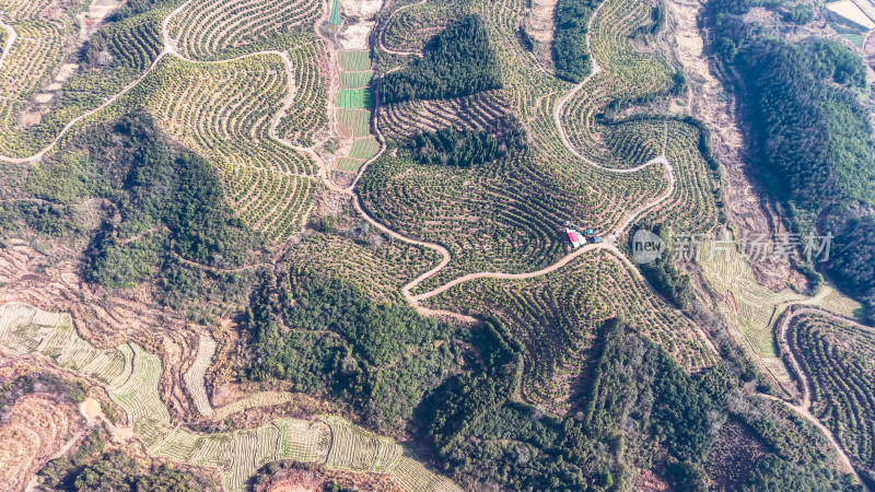 航拍山间梯田与蜿蜒道路