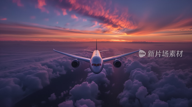 一架飞机在霞光映照壮丽云海之上飞行的景象