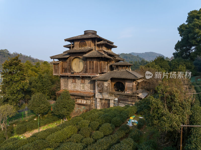 浙江杭州西湖龙井茶园古建筑茶田宁静风光