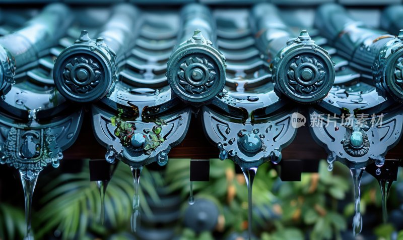 阴雨天屋顶瓦片中国古风建筑背景