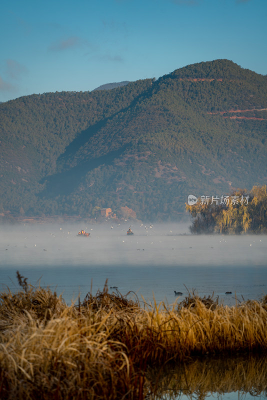 泸沽湖冬天唯美晨雾冬景