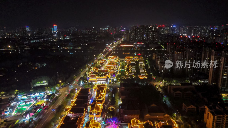 四川眉山东坡水街夜景灯光航拍图