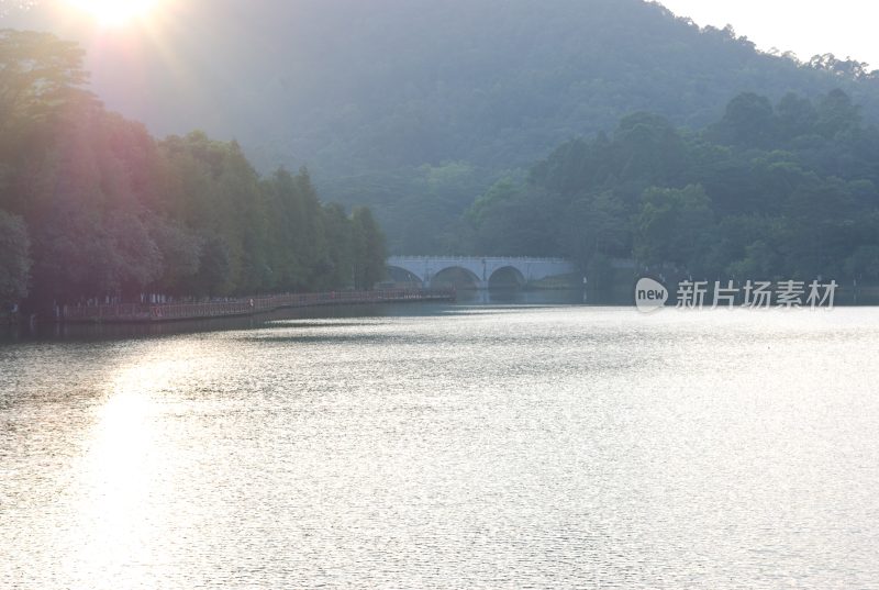 夕阳下湖泊与桥的自然景致