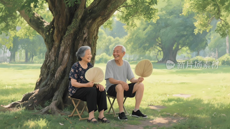 老年夫妇树下持扇休憩场景