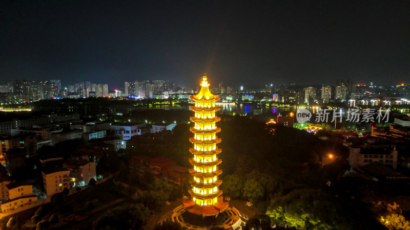 航拍湖北鄂州莲花山元明塔夜景