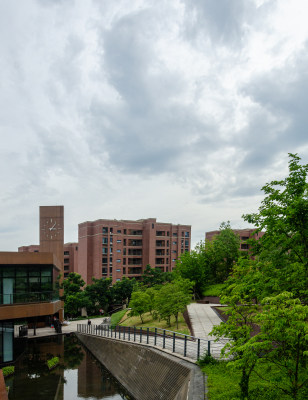 绿树环绕的红砖建筑与水道的景致