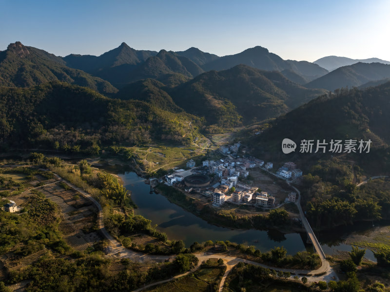 广东梅州永定客家土楼群建筑花萼楼高空航拍