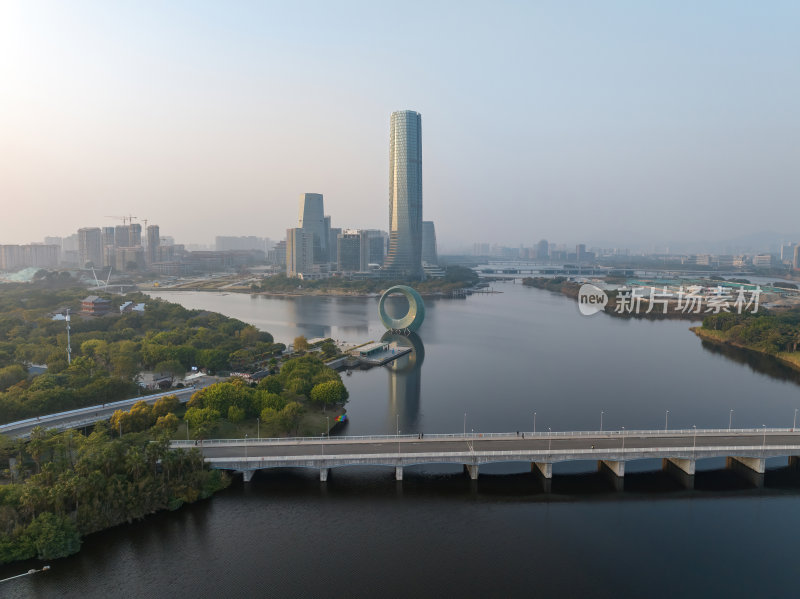 福建厦门集美水月广场杏林阁日落夜景航拍