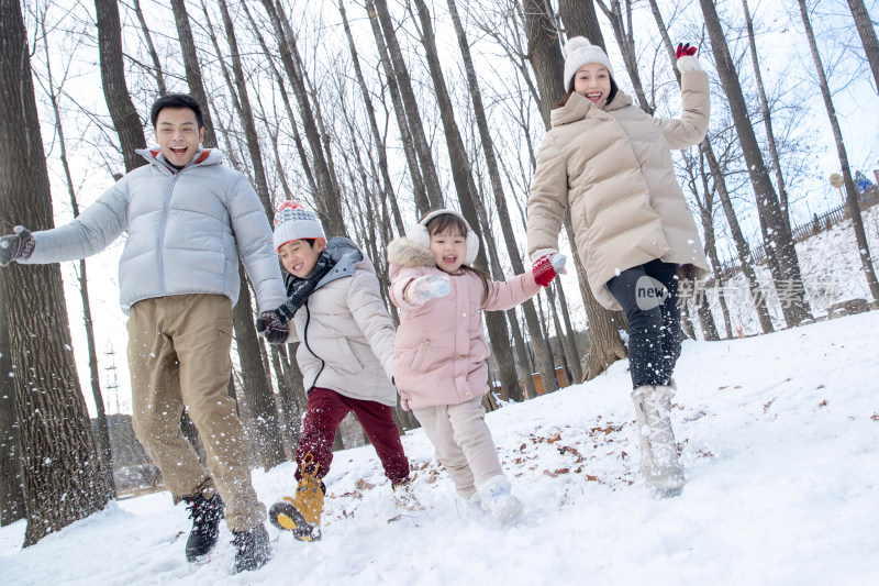 欢乐家庭在雪地里奔跑