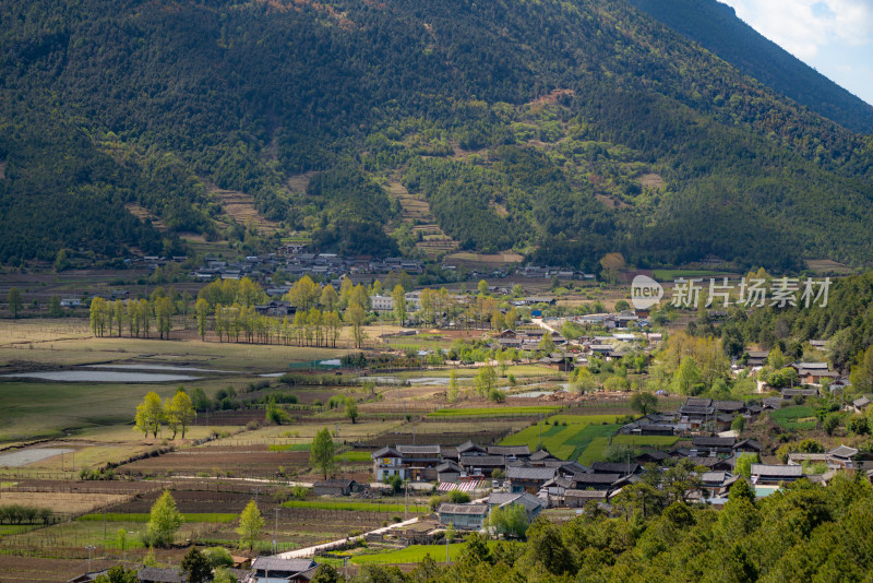 山脚下绿意盎然的村庄风景