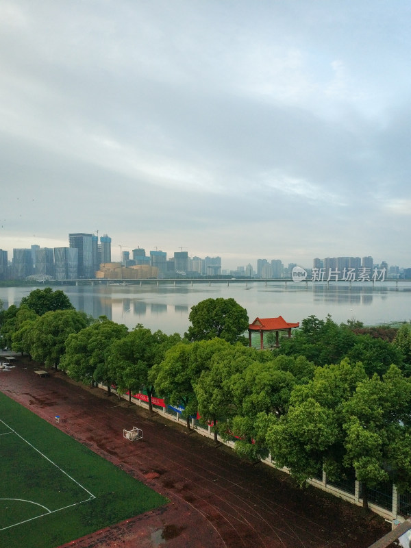 湖边绿树成荫的城市景观远景