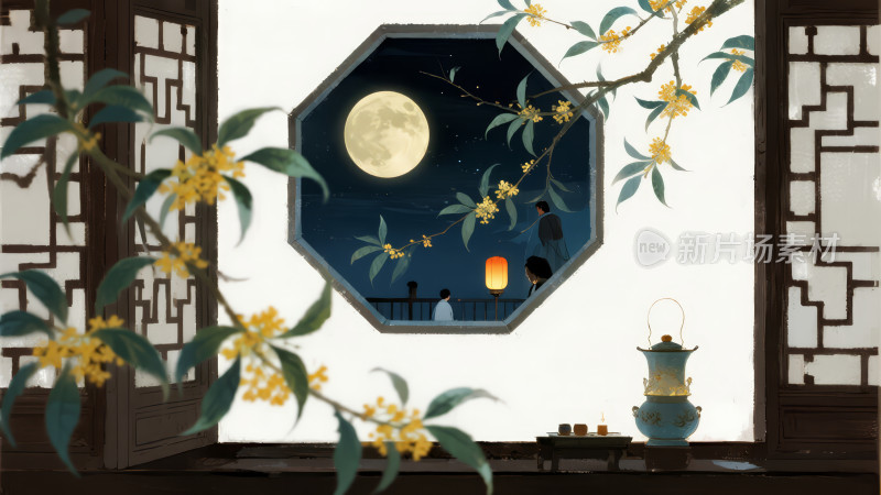 中秋节窗边赏月桂花的唯美古风背景