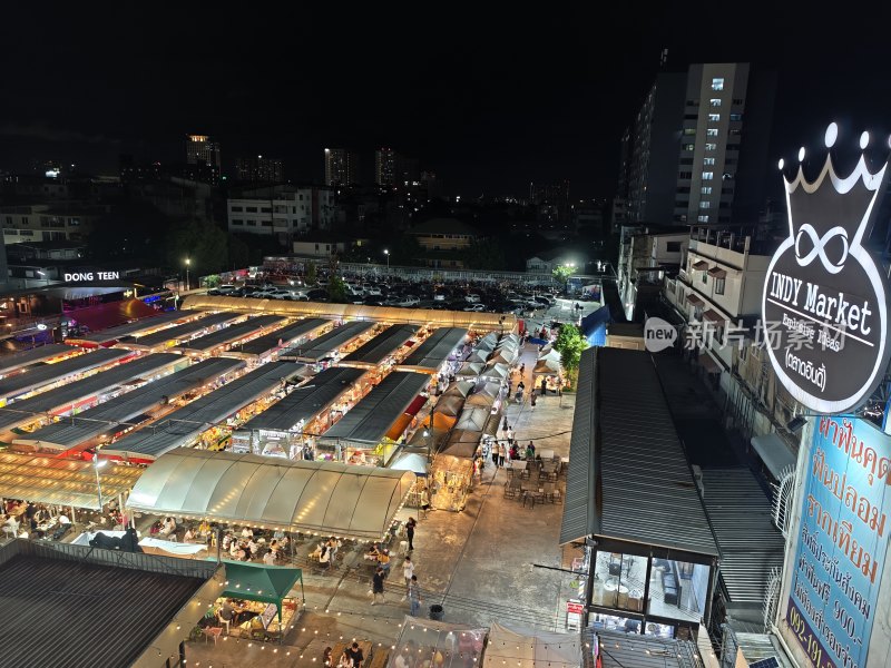 泰国曼谷夜市俯瞰热闹非凡夜晚