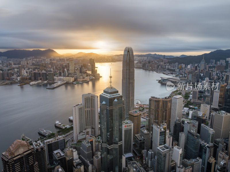 香港维多利亚港CBD中环夜景日出高空航拍