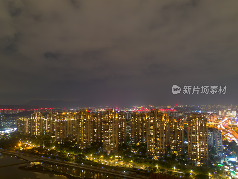 航拍福州城市夜景下与繁华立交桥及周边建筑