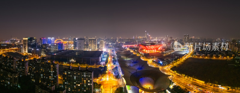 航拍上海世博园金融区夜景