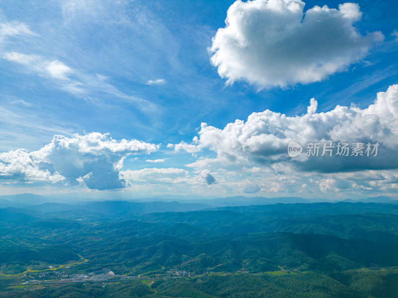 航拍天空高山农田田园村寨风光