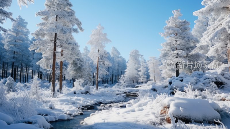 冬季雪山林中被冰雪覆盖着的树