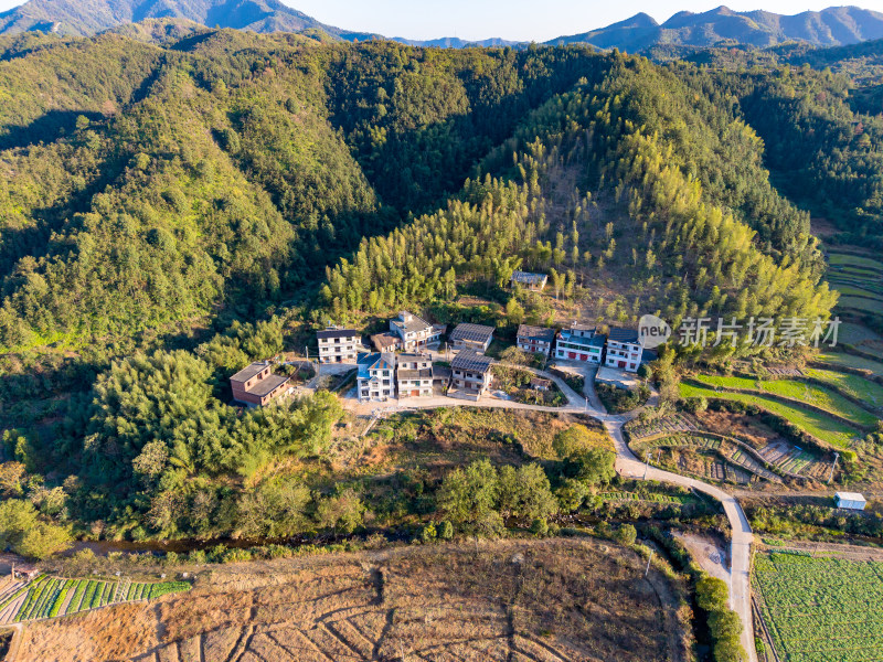 航拍大山乡村公路农田