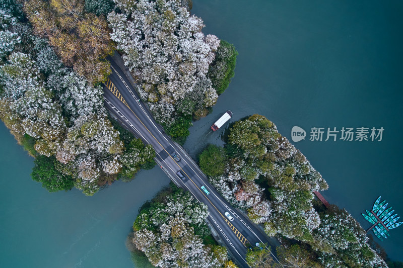 冬天航拍西湖边杨公堤雪景