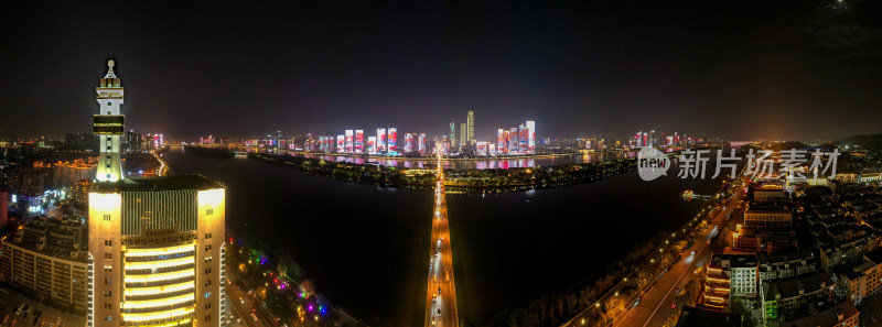 湖南长沙城市夜景航拍全景图